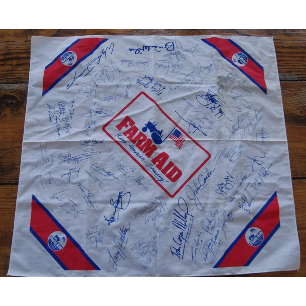 Vintage 1985 Farm Aid Benefit Bandana USA Printed Autographs Scarf Handkerchief